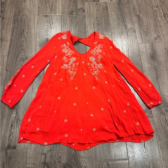 Free People Sweet Tennessee Red Floral Embroidered Mini Tunic Dress S Boho Beach - Picture 10 of 14